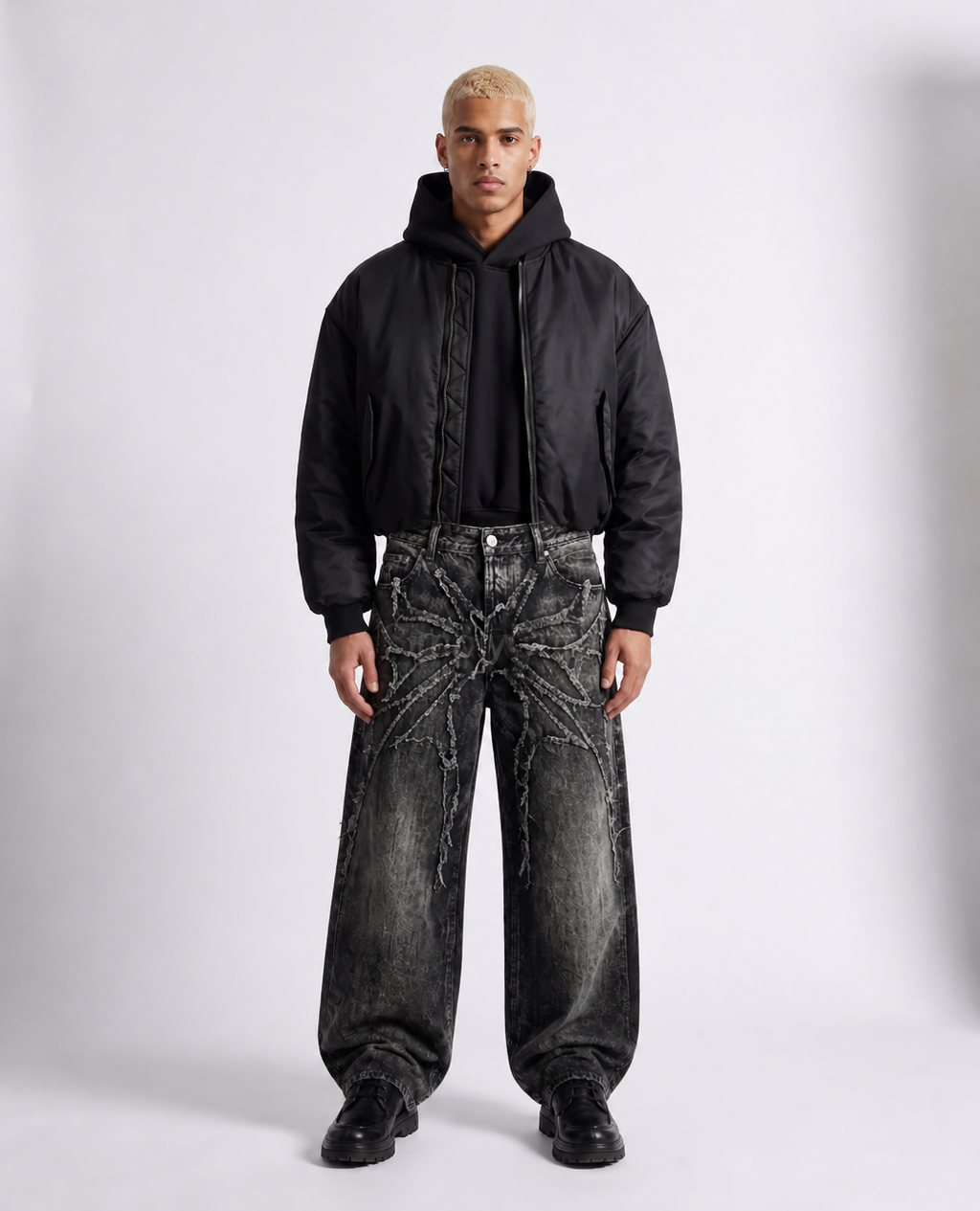 Rogue-Club Distressed Spider Wide Leg Jeans