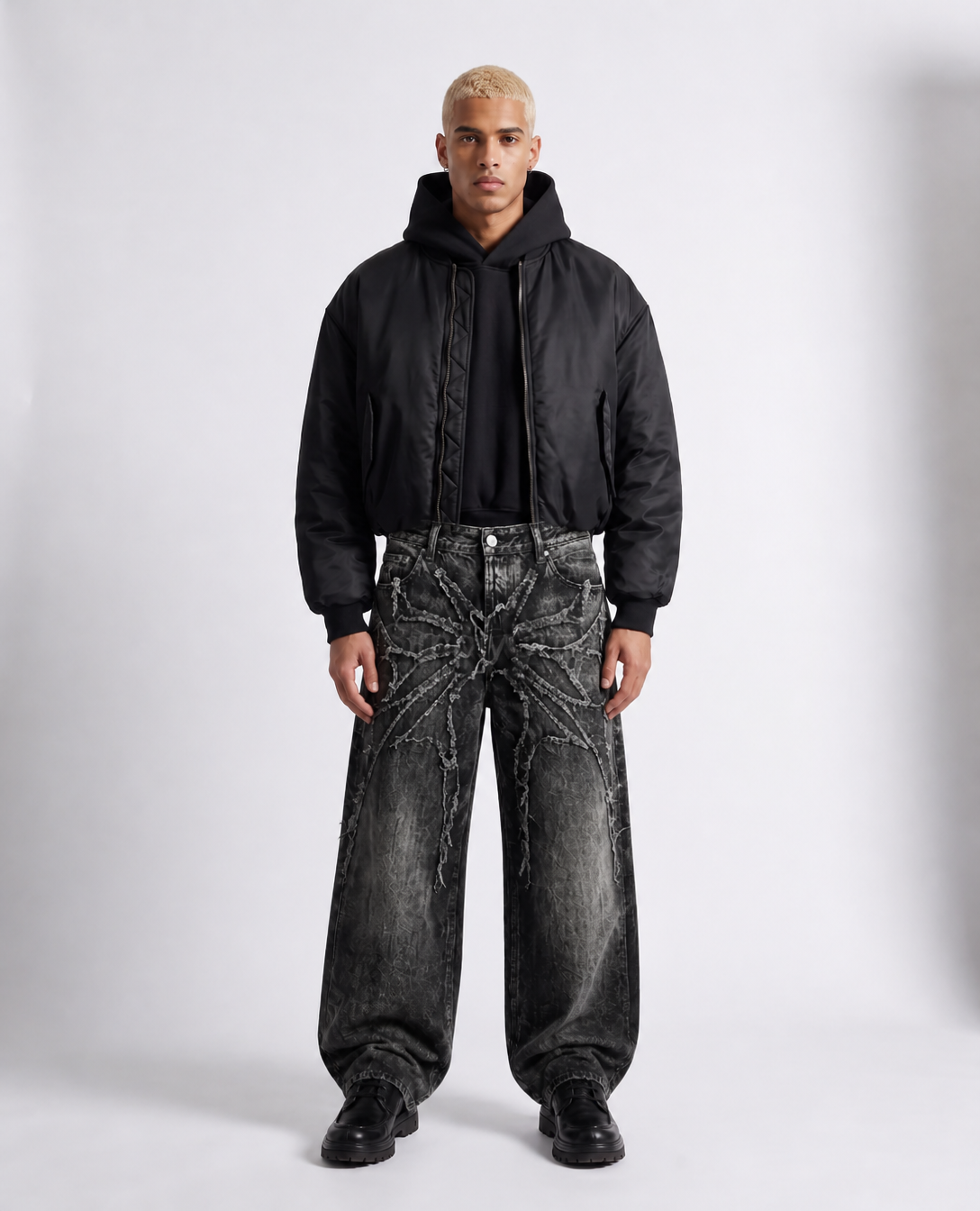 Rogue-Club Distressed Spider Wide Leg Jeans