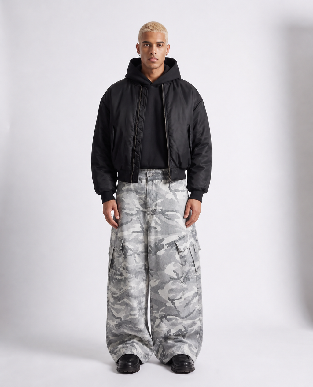 Rogue-Club Grey Camo Wide Leg Cargo Pants