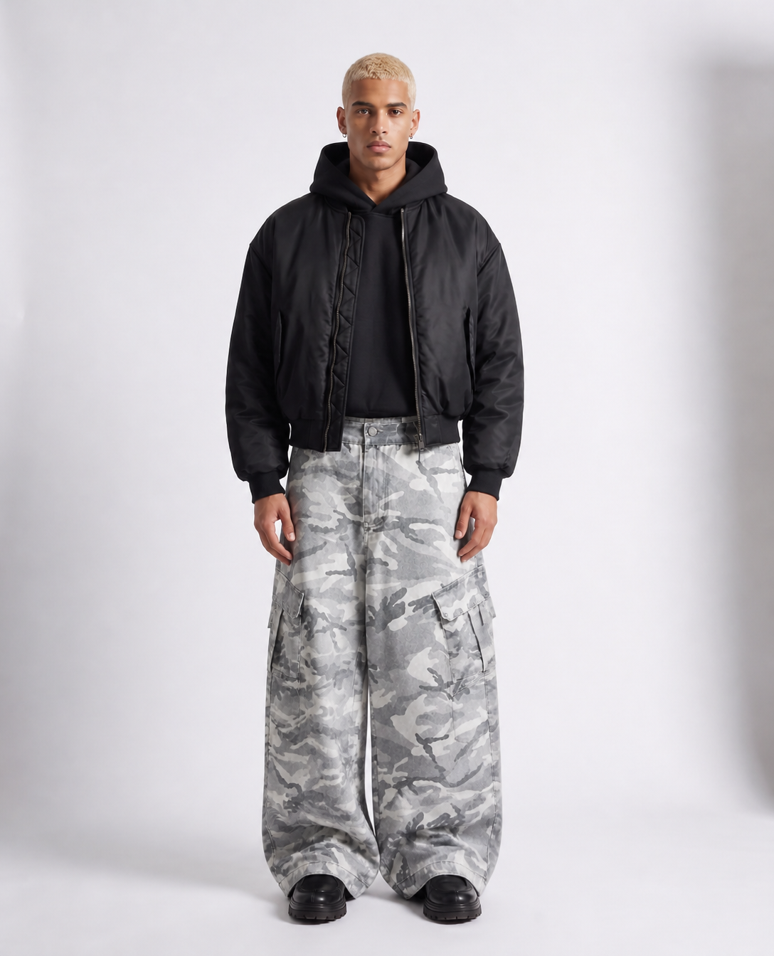 Rogue-Club Grey Camo Wide Leg Cargo Pants