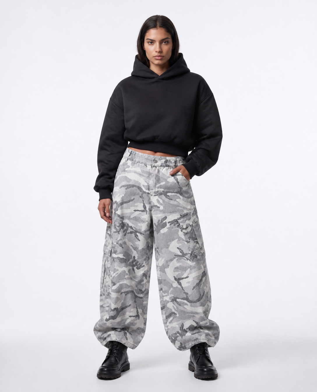 Rogue-Club Grey Camo Wide Leg Cargo Pants