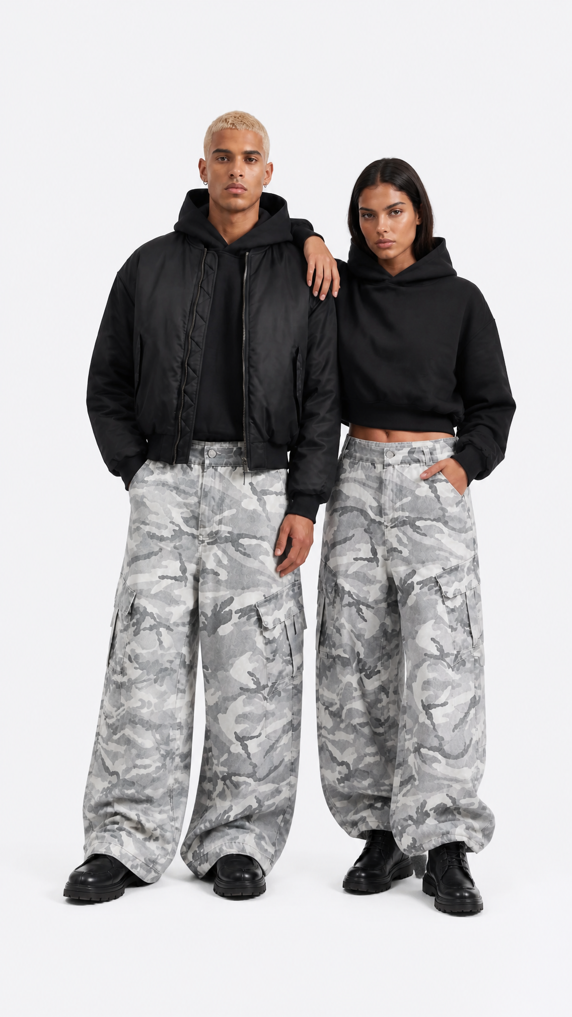Rogue-Club Grey Camo Wide Leg Cargo Pants