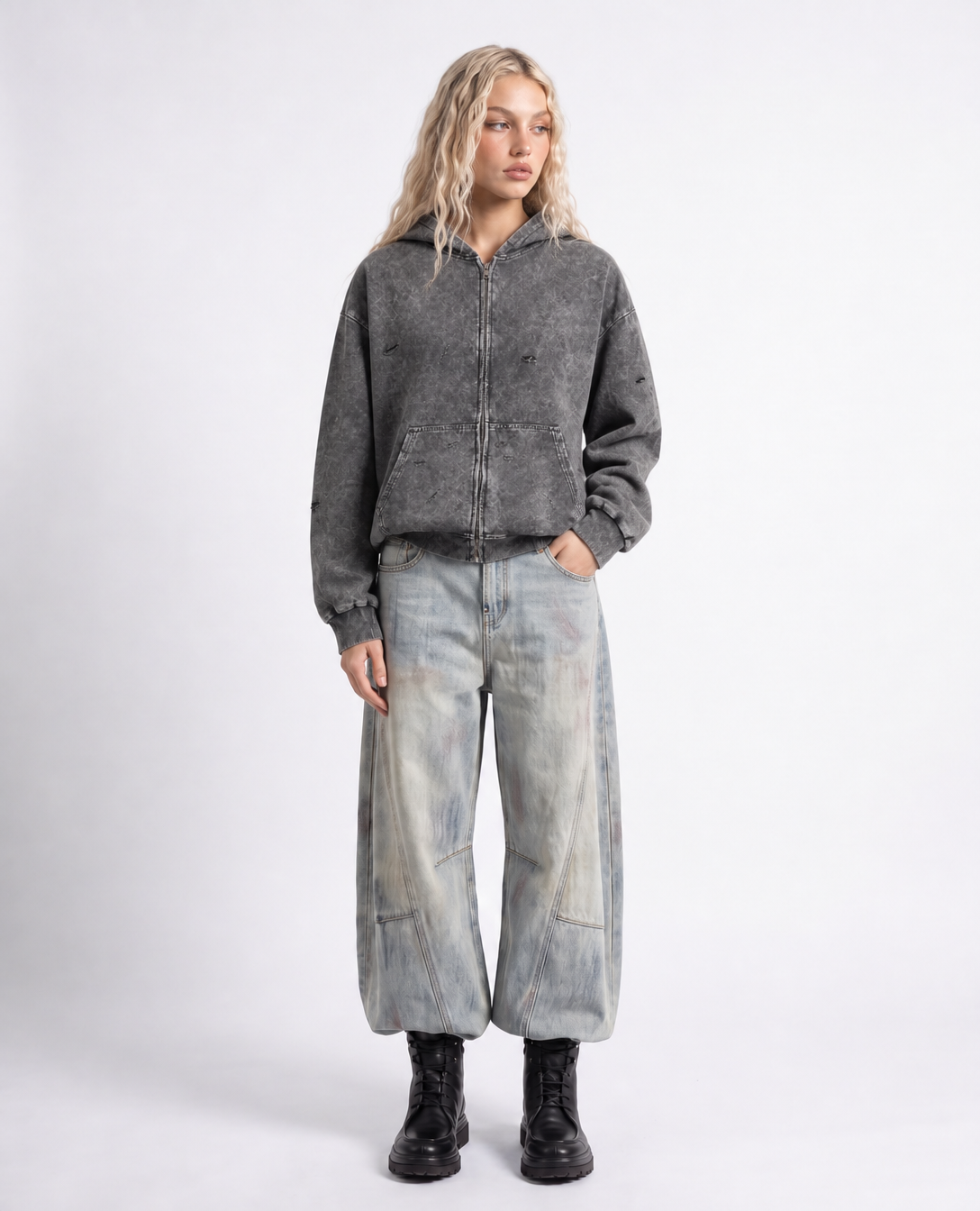 Rogue-Club Washed Distressed Zip Hoodie