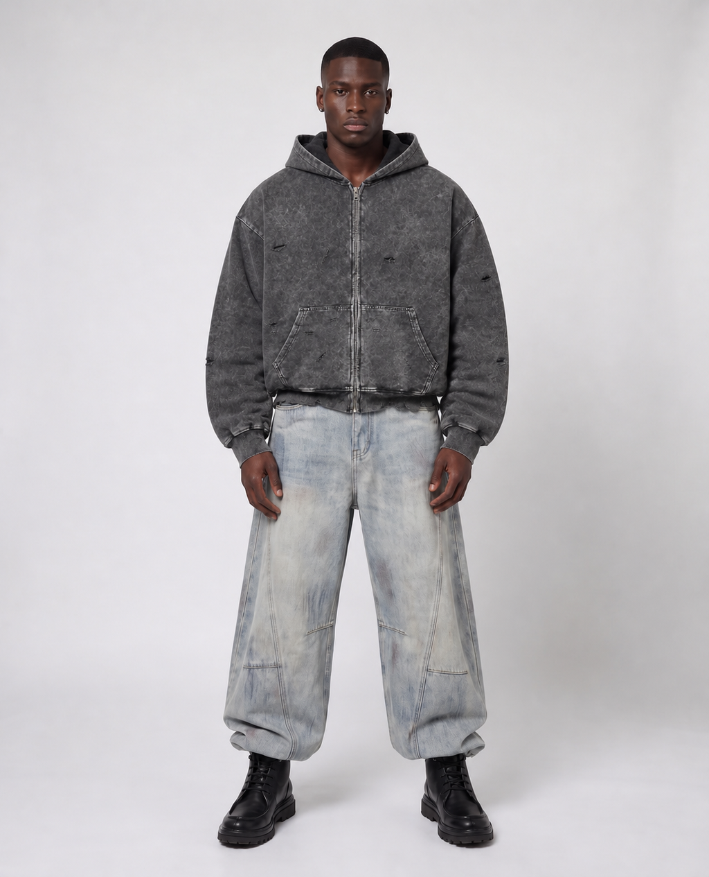 Rogue-Club Washed Distressed Zip Hoodie
