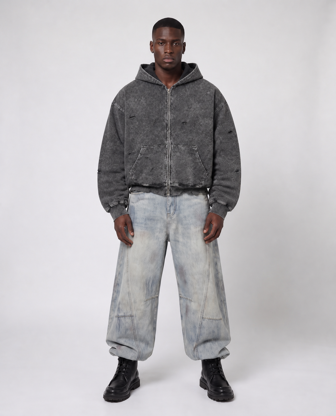 Rogue-Club Washed Distressed Zip Hoodie