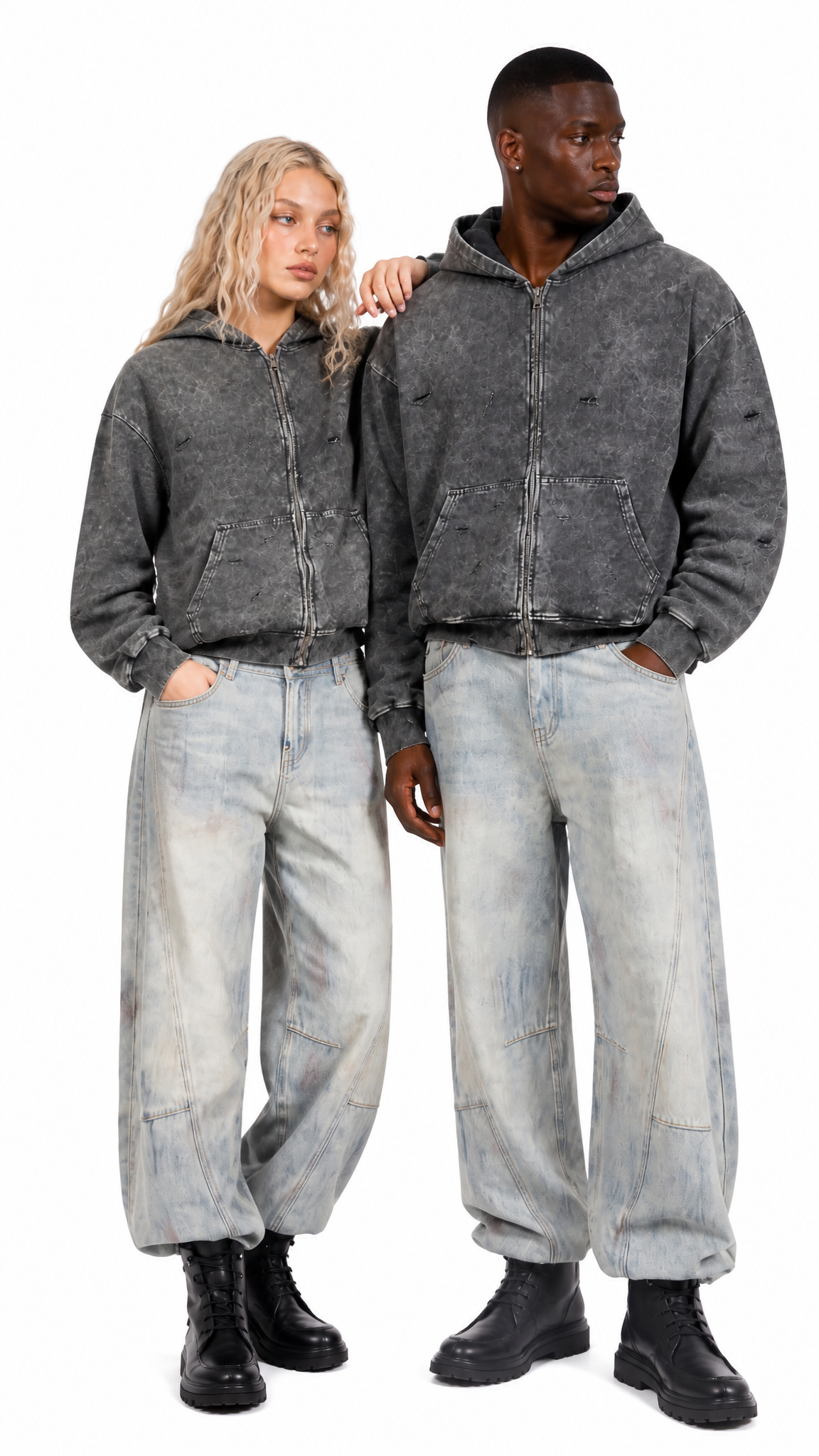 Rogue-Club Washed Distressed Zip Hoodie